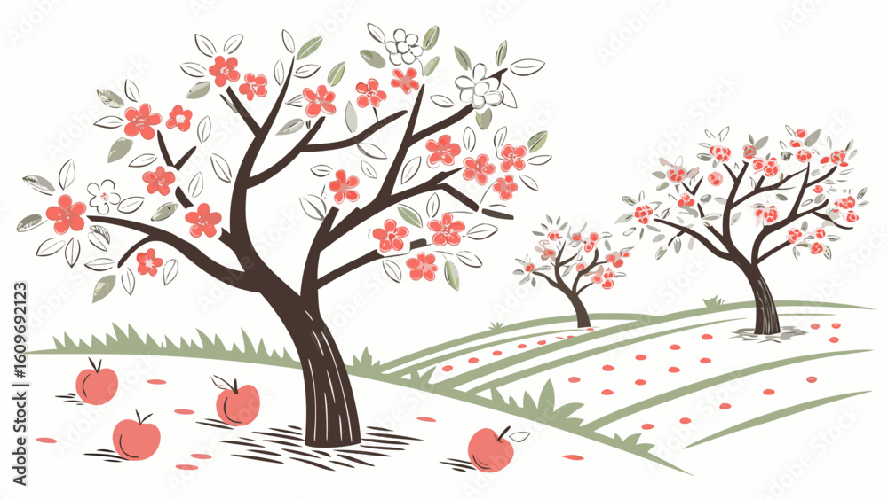 Fototapeta premium Apple trees with blossoms and fallen fruit in an orchard isolated on white