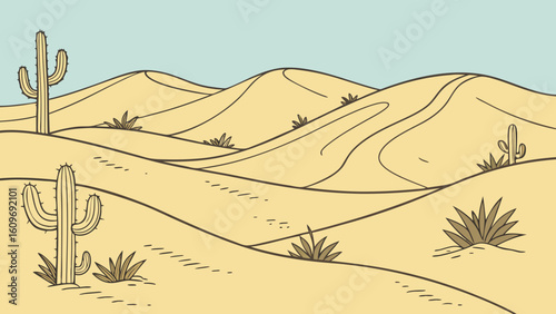 A desert landscape with rolling sand dunes and cacti under a blue sky