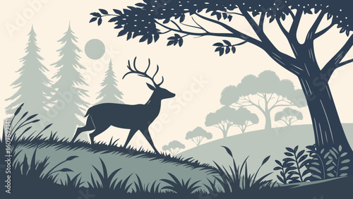 A majestic deer walks through a serene forest landscape at dusk