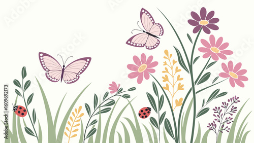 Butterflies and ladybugs flutter among colorful flowers in a sunny meadow