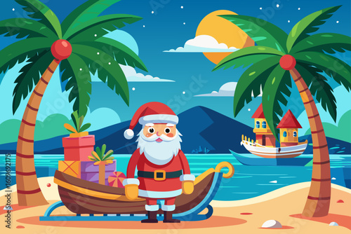 Vector Art of Santa Claus on a Tropical Beach Vacation
