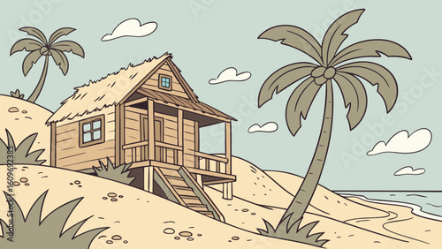A tropical beach hut sits on a sandy dune with palm trees