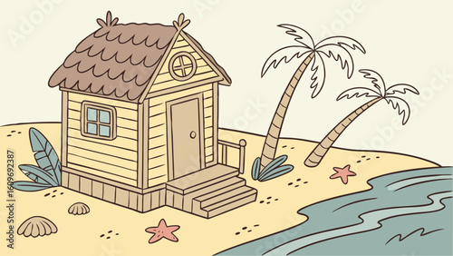A charming beach hut with palm trees on a sandy shore
