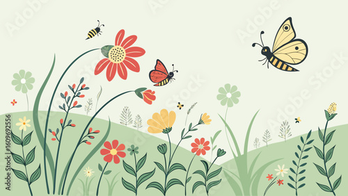 Butterflies and bees flutter among colorful flowers in a sunny meadow