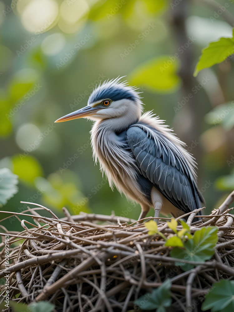 Obraz premium Baby blue heron roosting on the nest in habitat.