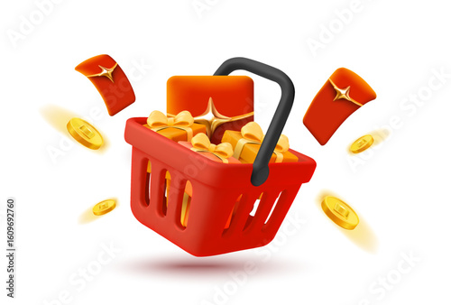 3d red shopping basket or cart with gift boxes, red luck moneys, golden coins flying around, isolated on white background. 3d vector illustration. Vector illustration