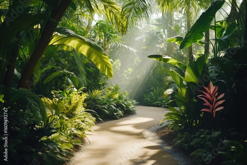 Sunlit path through a lush tropical garden.