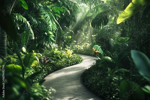 Lush tropical pathway amidst dense greenery.