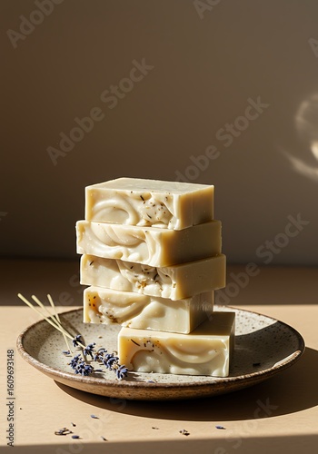 Stack of handmade soap bars on a ceramic plate with lavender sprigs.