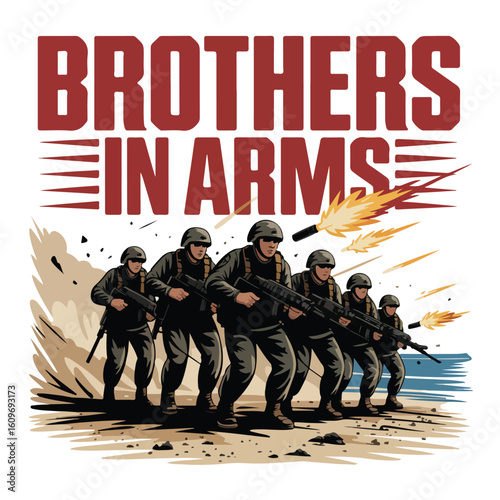 Brothers in Arms advance with weapons, facing combat action tshirt design