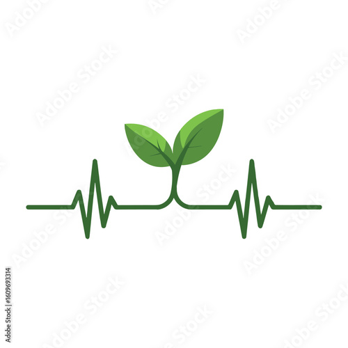 Vector design of a green heartbeat line growing into a sprout, symbolizing eco-consciousness, health, and fresh life.  