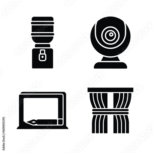 Four black office and technology icons on white background