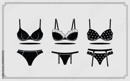 Women’s Lingerie Vector Set – Black & White Designs Featuring Bras, Panties & Garter Details