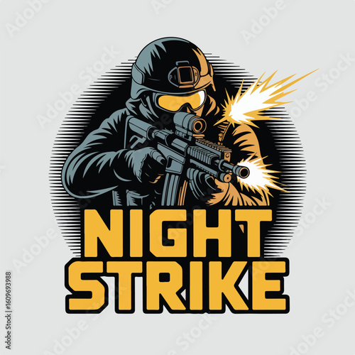 Elite soldier in tactical gear firing rifle with muzzle flash in action tshirt design