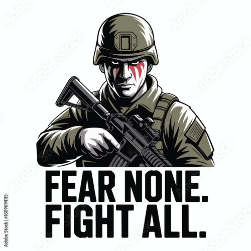 Determined soldier grips rifle, ready for battle, embodying courage and strength tshirt design