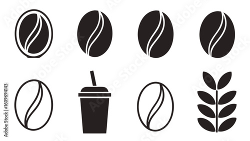 Unique Set of Fill Color Black Coffee Elements Simple silhouette icons of coffee pot cup