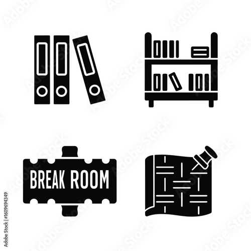 Office icons binders bookshelf break room sign pinned paper