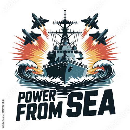 Powerful navy destroyer leads air attack with jets soaring over crashing waves tshirt design