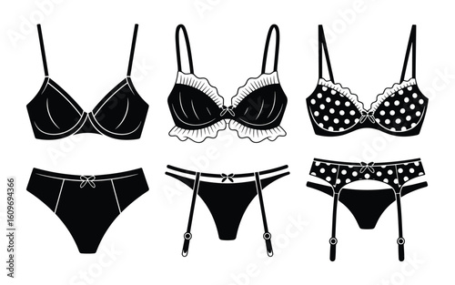 Women’s Lingerie Vector Set – Black & White Designs Featuring Bras, Panties & Garter Details