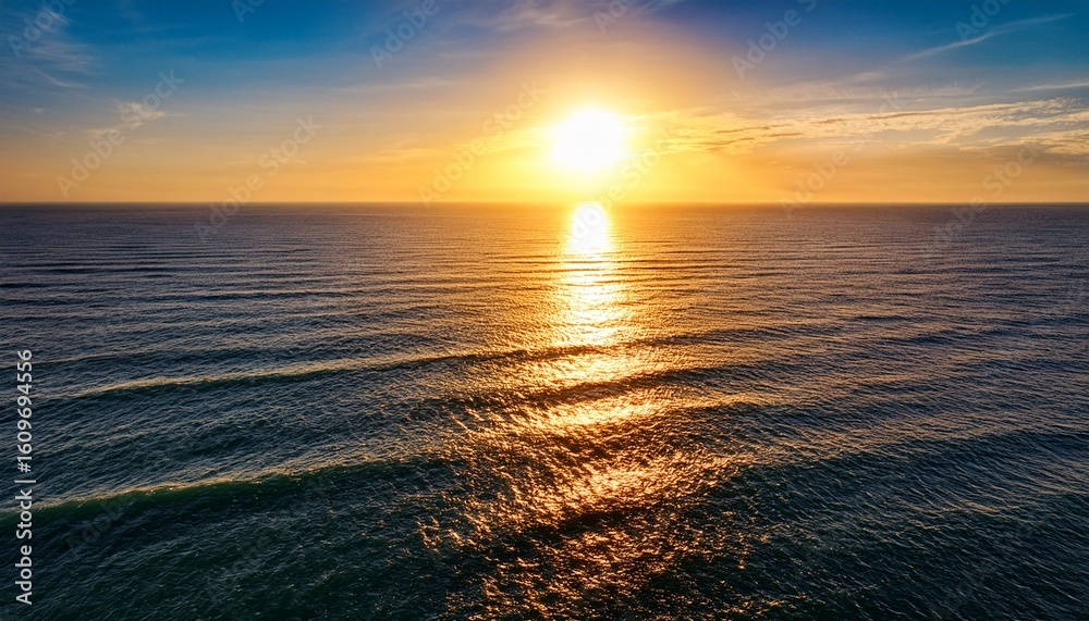 Obraz premium aerial perspective reveals the shimmering rippling surface of the sea illuminated by the setting sun with the light streaking across the water like liquid gold