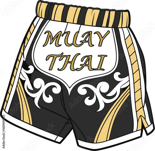 Vector art of black and gold muay thai shorts with ornate lettering, symbolizing combat sports