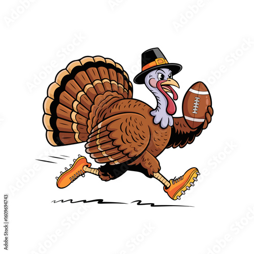 A cartoon pilgrim turkey running with a football, ready for thanksgiving