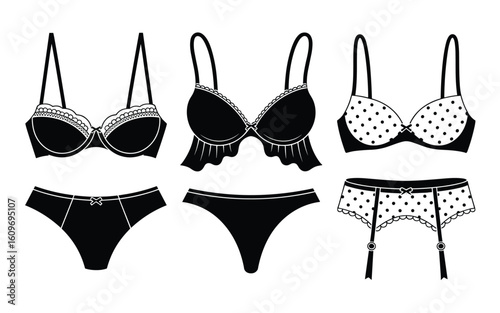 Women’s Lingerie Vector Set – Black & White Designs Featuring Bras, Panties & Garter Details