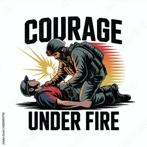 Brave medic provides aid to wounded soldier in intense combat zone tshirt design