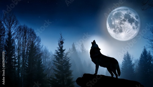 a wolf howls at a full moon surrounded by a misty forest creating a serene and mystical nighttime atmosphere