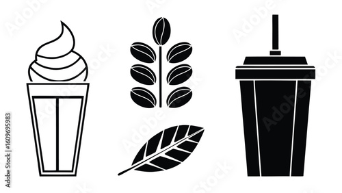 Unique Set of Fill Color Black Coffee Elements Simple silhouette icons of coffee pot cup