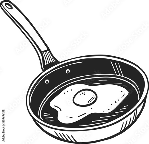 Vector art of a black and white illustration of a fried egg cooking in a skillet