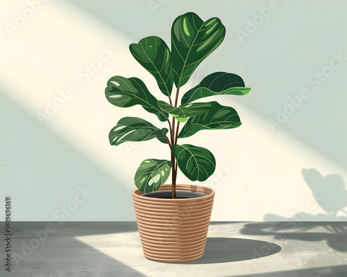 Fiddle Leaf Fig Plant in Ribbed Pot with Warm Light