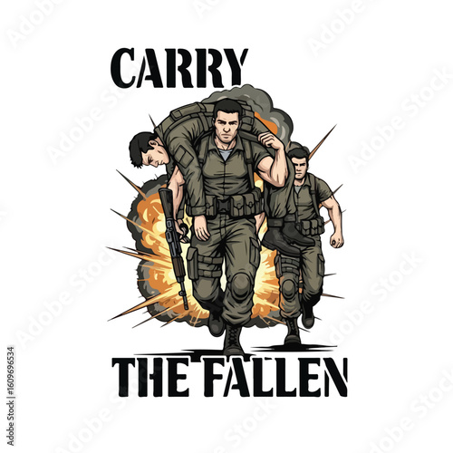 Brave soldiers carry fallen comrade through explosion, honoring sacrifice tshirt design