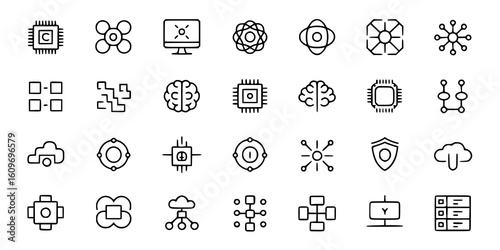 Tech Icons: A minimalist line art illustration depicts a collection of modern technology symbols, including microchips, networks, and brains, representing innovation and connectivity.
