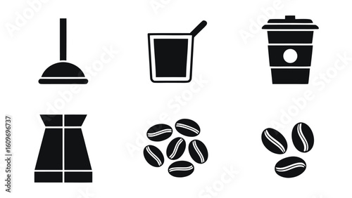 Unique Set of Fill Color Black Coffee Elements Simple silhouette icons of coffee pot cup