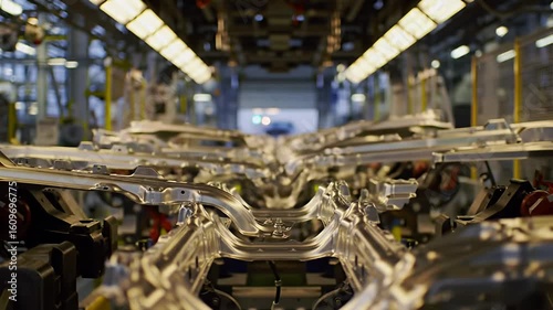 An auto factory assembly line with a series of chassis running through the process