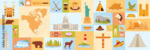 A colorful collage of North American icons and symbols, highlighting famous landmarks, regional foods, popular sports, and native wildlife, arranged in a graphic tile pattern.