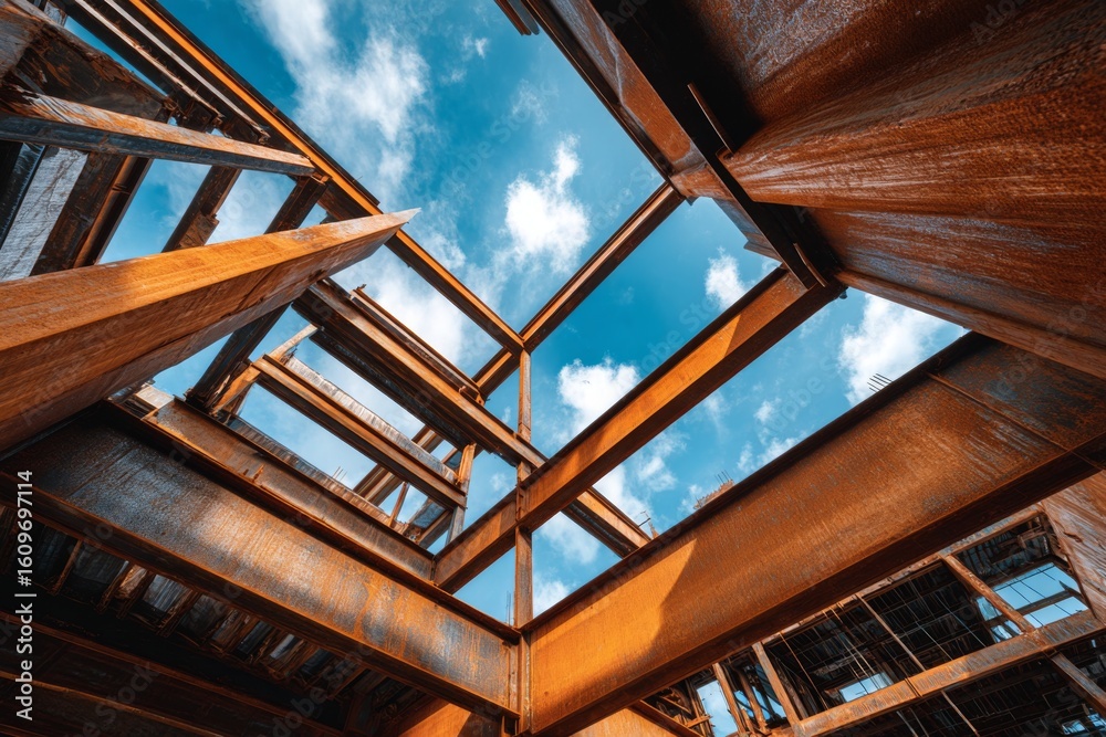 Obraz premium Low angle view of a rusty metal structure against a cloudy blue sky