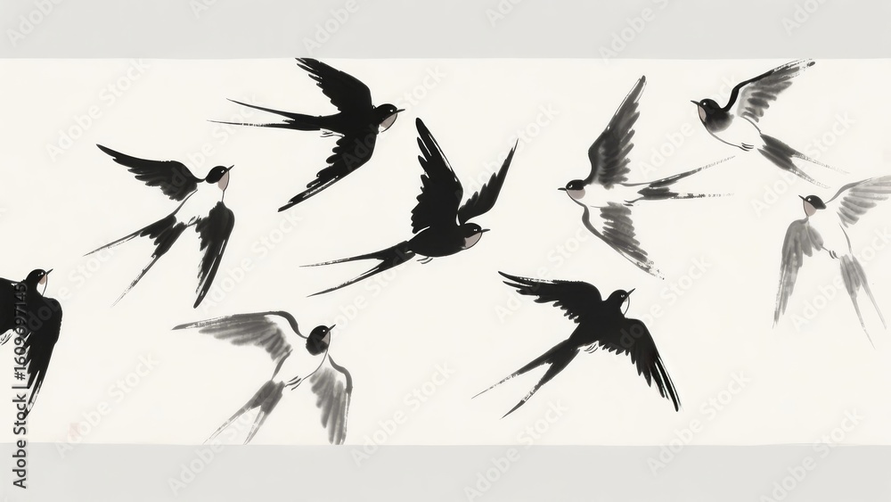 Fototapeta premium Monochrome Illustration of Swallows in Flight