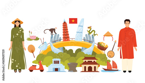 Travel to Vietnam, Vietnamese people in national costume and hat, food and culture elements in infographic collage banner. Golden Bridge, Mausoleum and Temples for tourists cartoon vector illustration