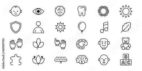 Childhood Icons: A minimalist line art illustration depicts a collection of symbols representing key aspects of infancy, growth, and development.