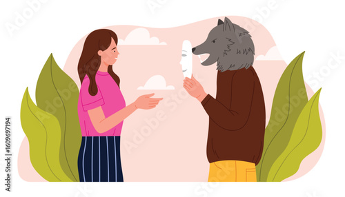 Duplicity and deception, hypocrisy in relationships, hiding aggressive dishonest true intentions. Liar holding kind mask to pretend to be friend to woman, hide wolf face cartoon vector illustration
