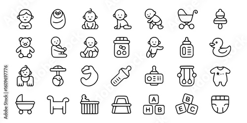 Baby Icons: A simple line art illustration depicts a comprehensive set of baby-related icons, showcasing various developmental stages and essential items.