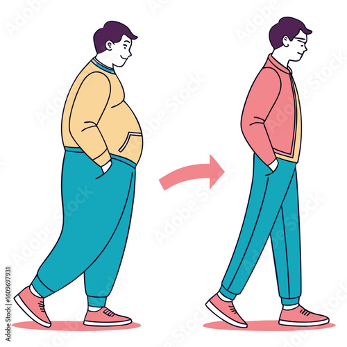 Before and After Weight Loss Transformation Illustration Man Walking