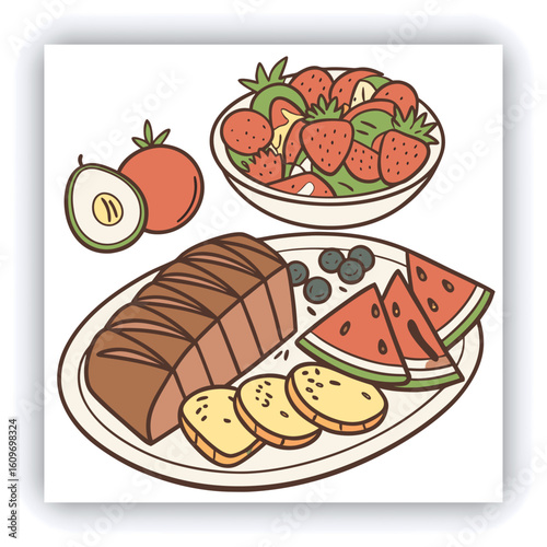 Plate of delicious beyti kebab, traditional Turkish dish of minced lamb grilled on skewer and wrapped in lavash topped with tomato sauce served with baked vegetables and yogurt