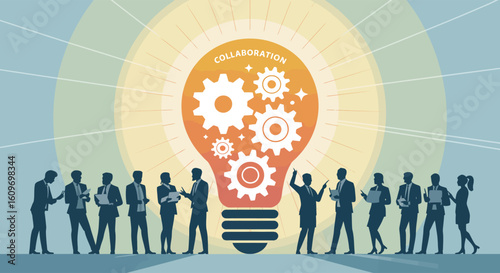  Silhouetted group collaborating beneath light bulb with gears inside, symbolizing teamwork, shared ideas, innovation, and collective problem-solving