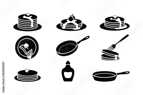 Stacked pancakes with syrup and butter fork and frying pan bottle vector
