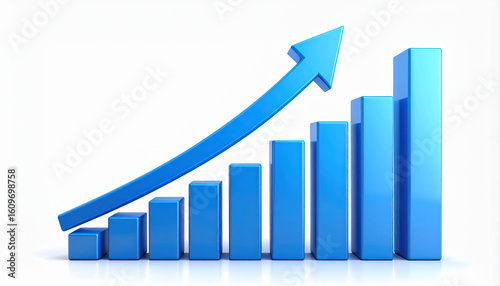 Free Download A 3D blue bar chart showing increasing data with a rising arrow, symbolizing growth or progress. - GFXLoad