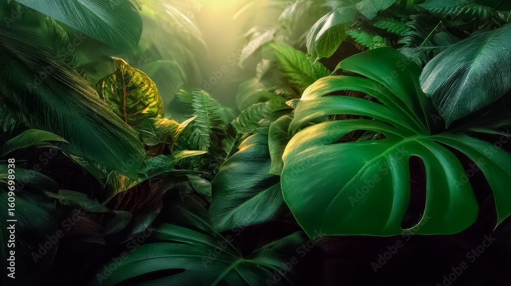 Fototapeta premium Lush green jungle with a large leafy plant in the foreground. The leafy plant is surrounded by many other plants, creating a dense and vibrant environment