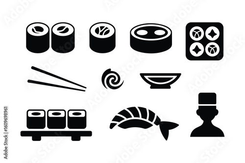 Sushi rolls chopsticks bowl swirl shrimp chef sashimi maki